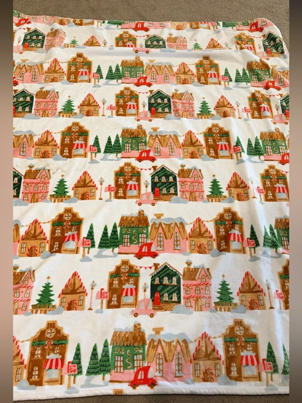 Holiday Village Printed Throw Blanket - White with Green & Pink
